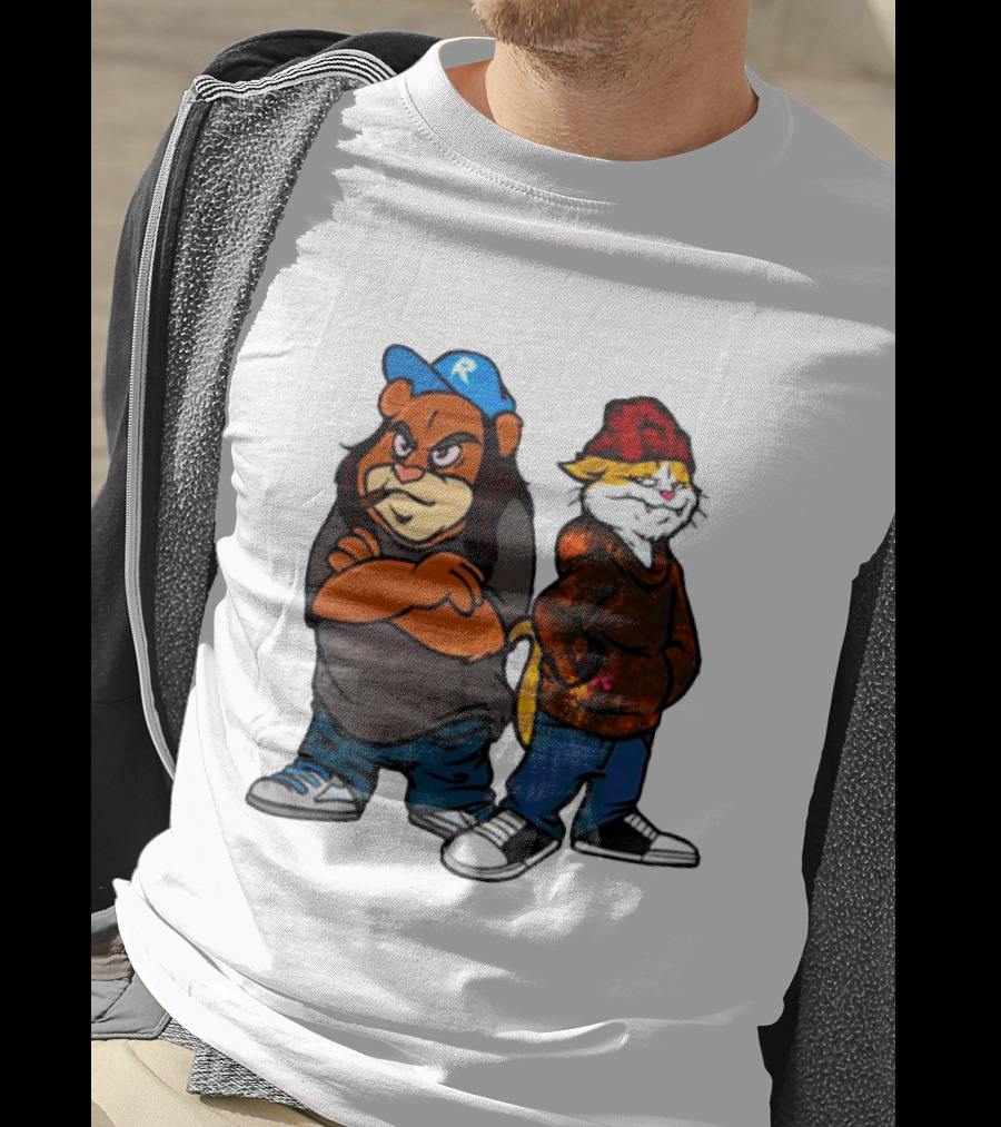 Phobik X Ratchet Cartoon Bear In Blue Cap And Cat In Red Beanie T-Shirt