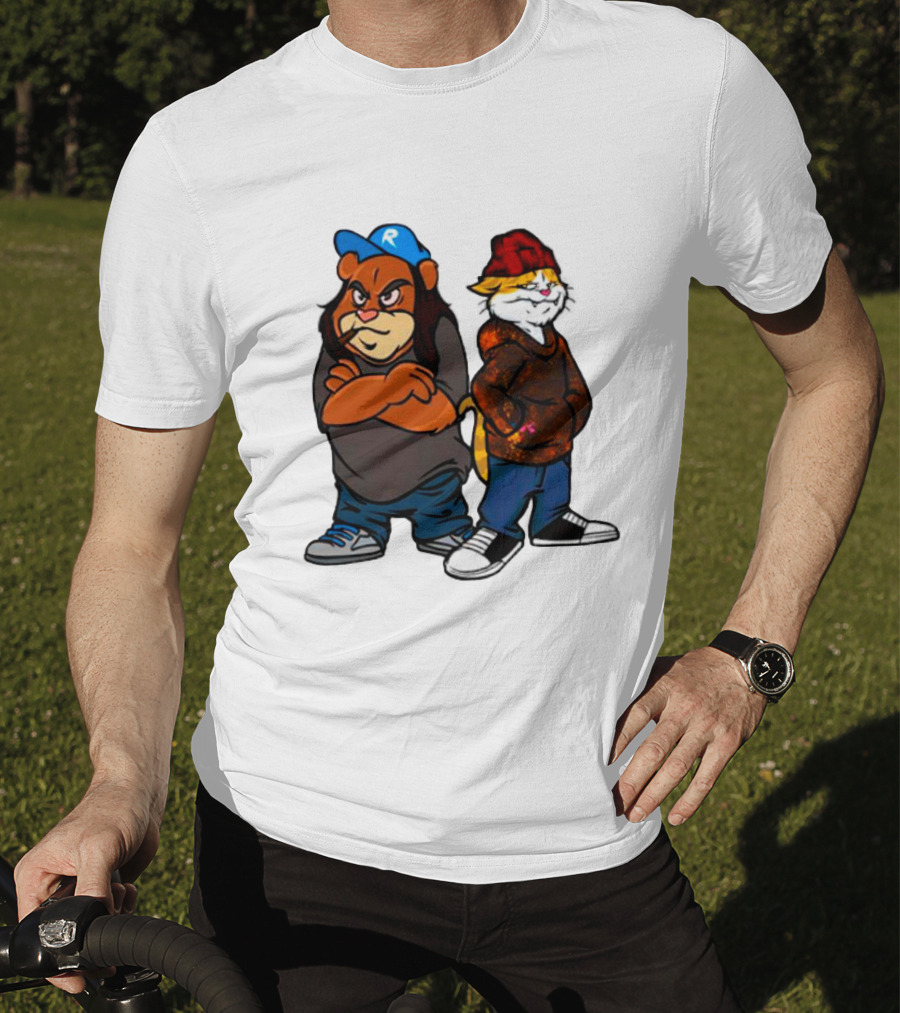 Phobik X Ratchet Cartoon Bear In Blue Cap And Cat In Red Beanie T-Shirt