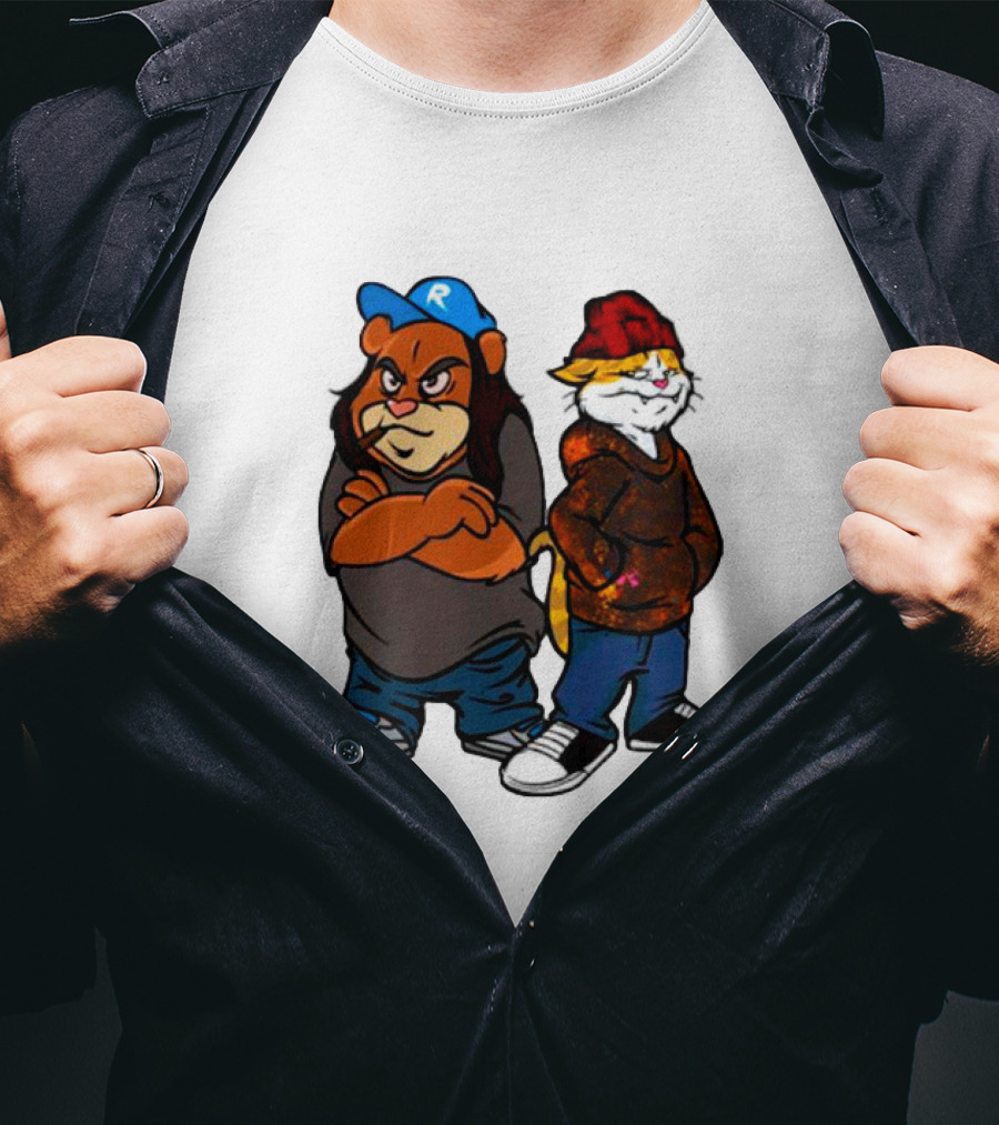Phobik X Ratchet Cartoon Bear In Blue Cap And Cat In Red Beanie T-Shirt