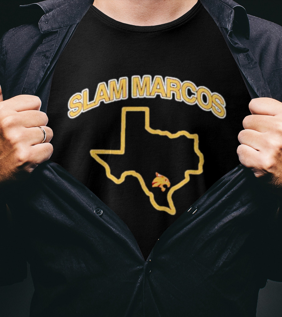 Slam Marcos Texas With State Outline And Bobcat T-Shirt