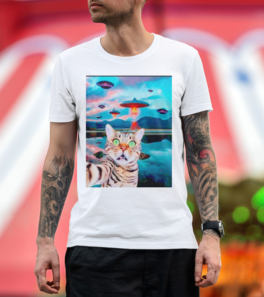 Cat Takes Selfie with UFOs in Scenic Landscape T-Shirt