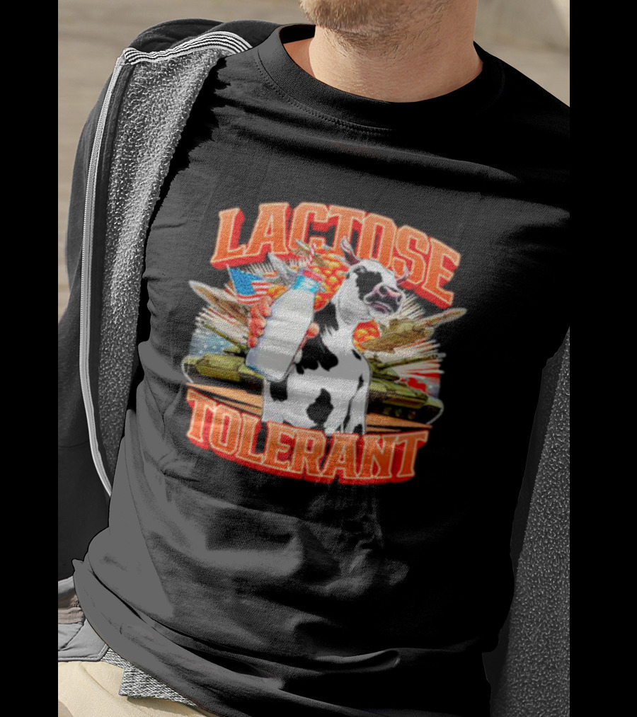 Lactose Tolerant Cow Holding Milk With Explosions And Tanks T-Shirt
