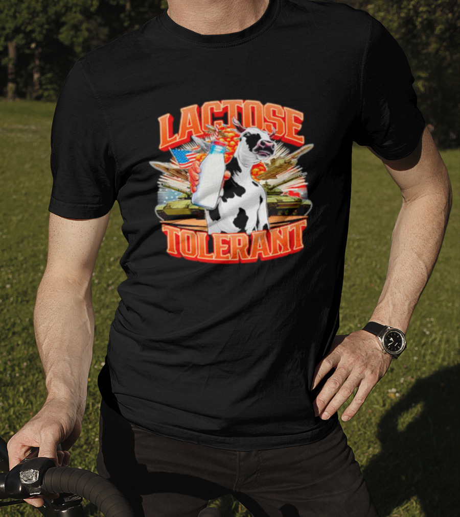 Lactose Tolerant Cow Holding Milk With Explosions And Tanks T-Shirt