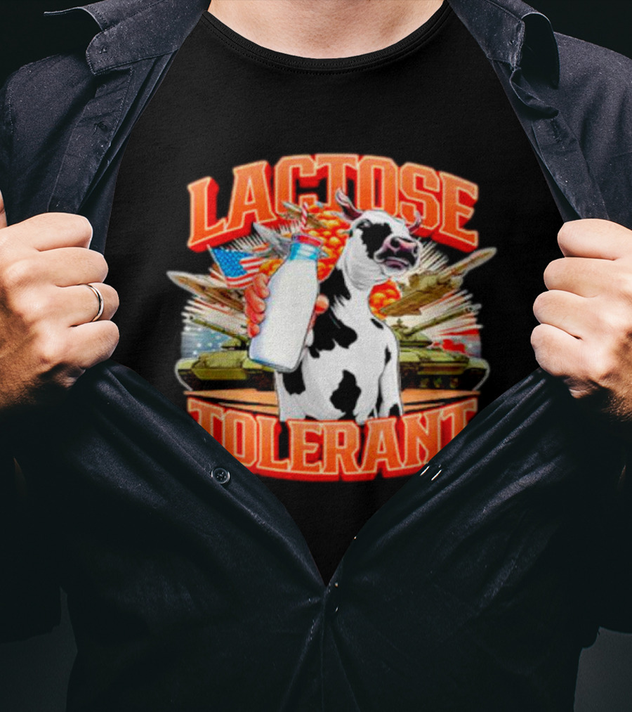 Lactose Tolerant Cow Holding Milk With Explosions And Tanks T-Shirt