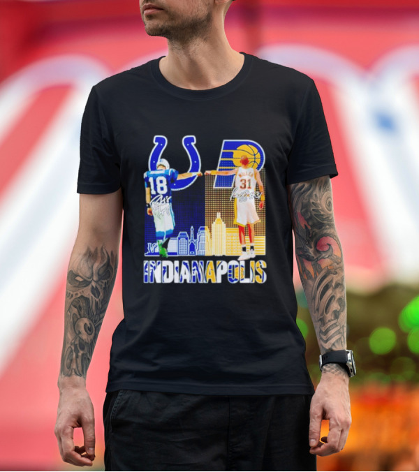 Premium T-Shirt: Indianapolis Colts Peyton Manning 18 Reggie Miller 31 Indiana Pacers Indianapolis Skyline T-Shirt Indianapolis Colts Peyton Manning 18 Reggie Miller 31 Indiana Pacers Indianapolis Skyline T-Shirt