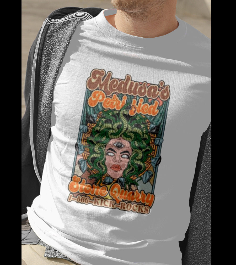 Medusa's Petrified Stone Quarry 1-866-Kick-Rocks Serpentine Gorgon Face With Third Eye And Stone Background T-Shirt