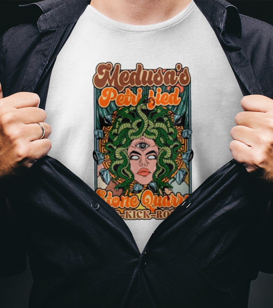 Medusa's Petrified Stone Quarry 1-866-Kick-Rocks Serpentine Gorgon Face With Third Eye And Stone Background T-Shirt