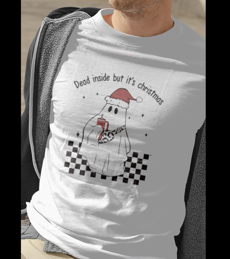 Dead Inside But It's Christmas Ghost With Santa Hat And Mug T-Shirt