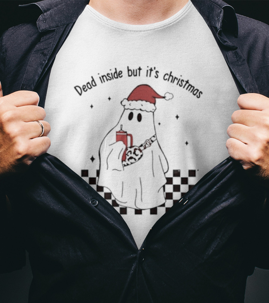 Dead Inside But It's Christmas Ghost With Santa Hat And Mug T-Shirt
