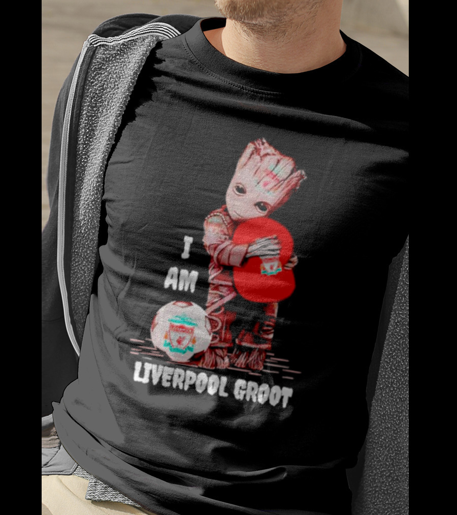 Groot I Am Liverpool FC Soccer Ball Hugging Tree Creature T-Shirt