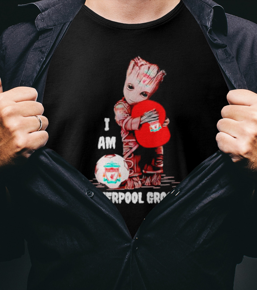 Groot I Am Liverpool FC Soccer Ball Hugging Tree Creature T-Shirt