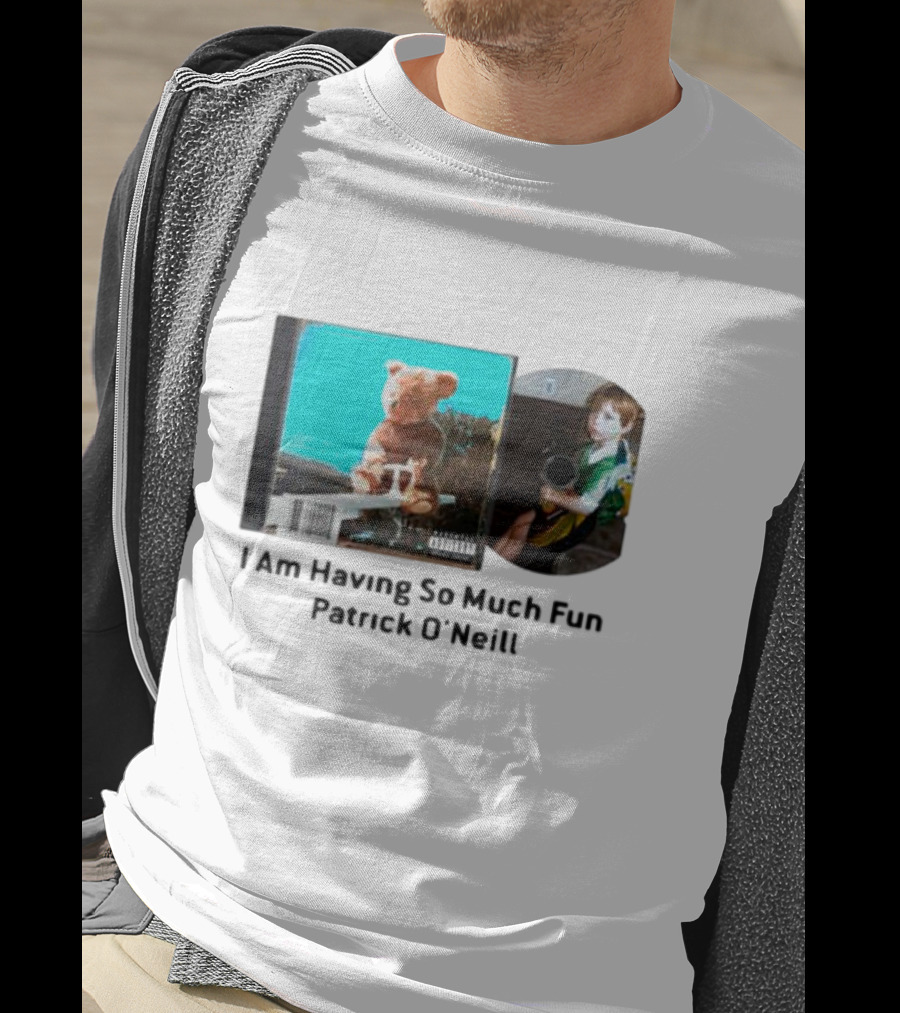 I Am Having So Much Fun Patrick O’Neill Teddy Bear Blue Background CD Boy With Toy T-Shirt