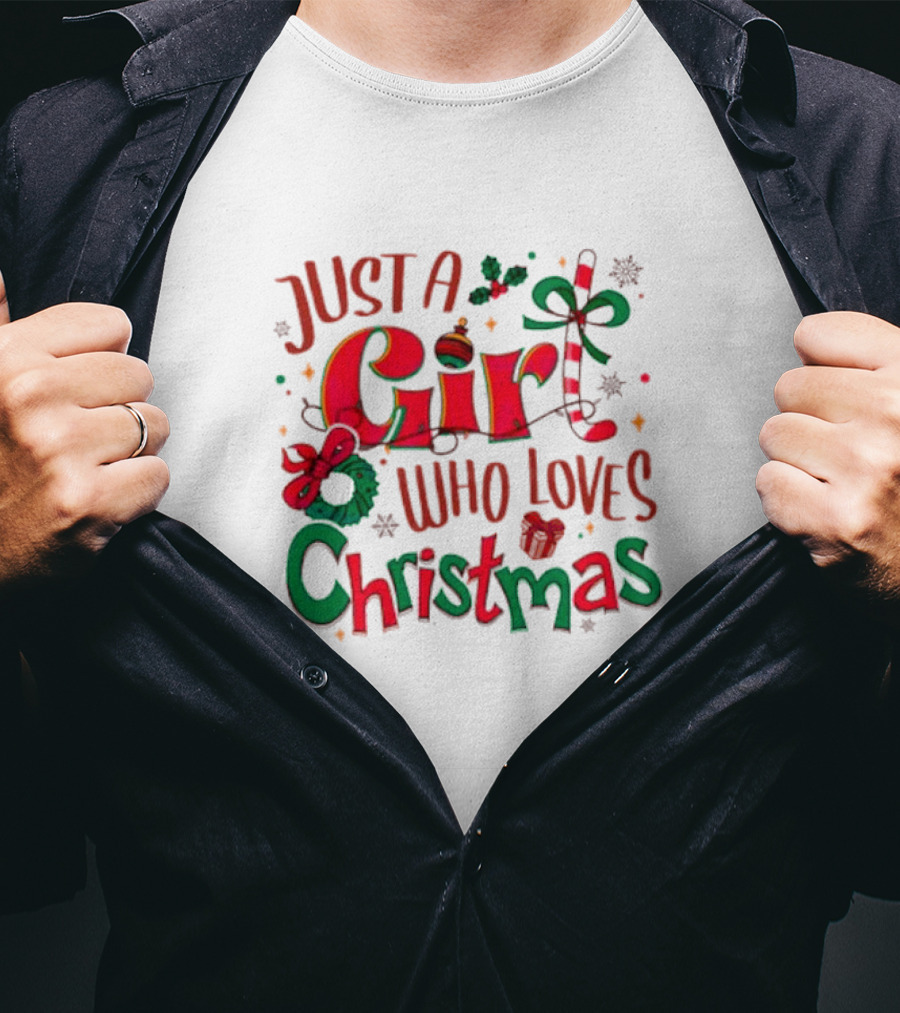 Just A Girl Who Loves Christmas With Festive Icons And Decorations T-Shirt