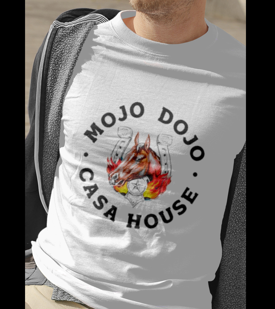 Mojo Dojo Casa House Horse With Flaming Background And Horseshoe Emblem T-Shirt
