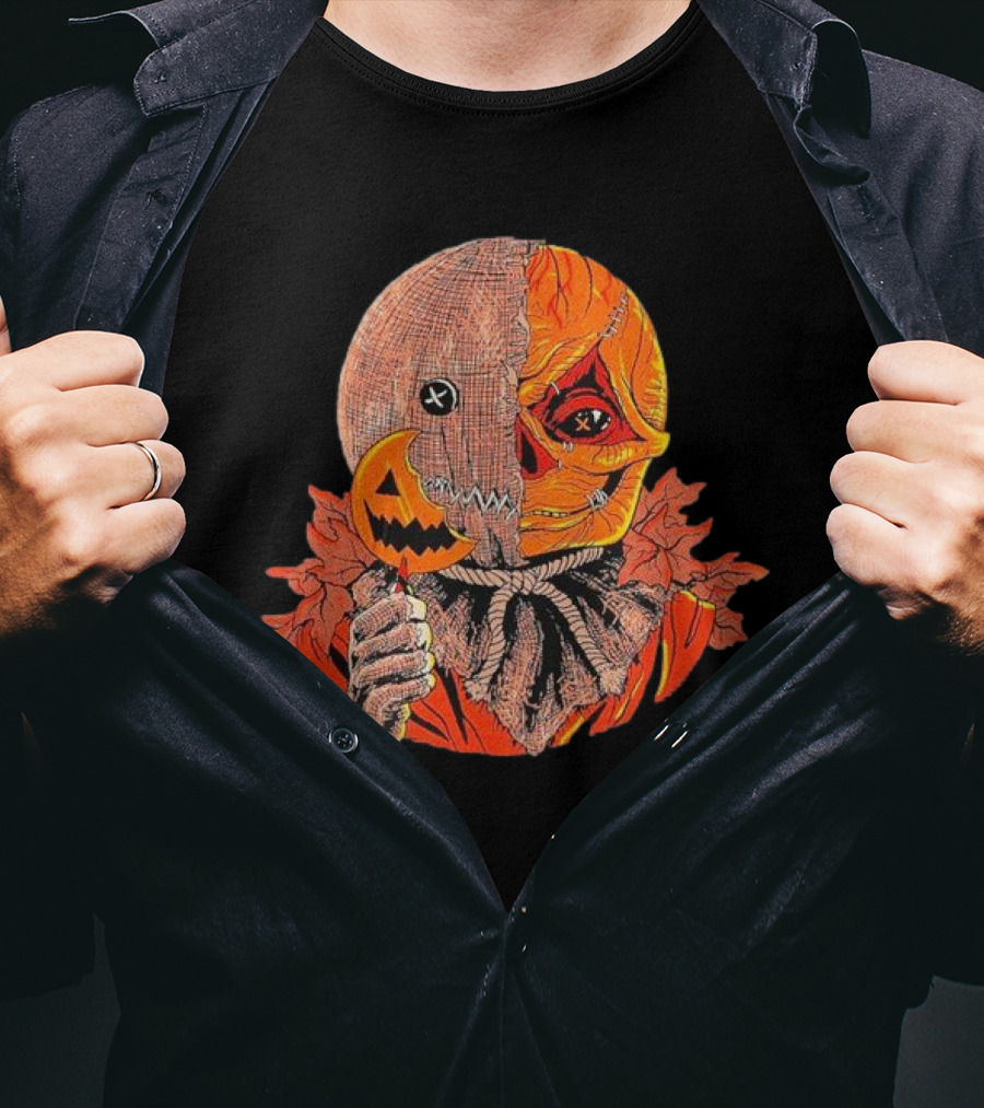 Horrors Of Halloween Trick R Treat Pumpkin Skull Mask T-Shirt