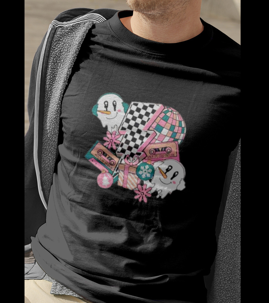 Christmas Lightning Bolt Snowman Retro Ghost Disco Cassette T-Shirt