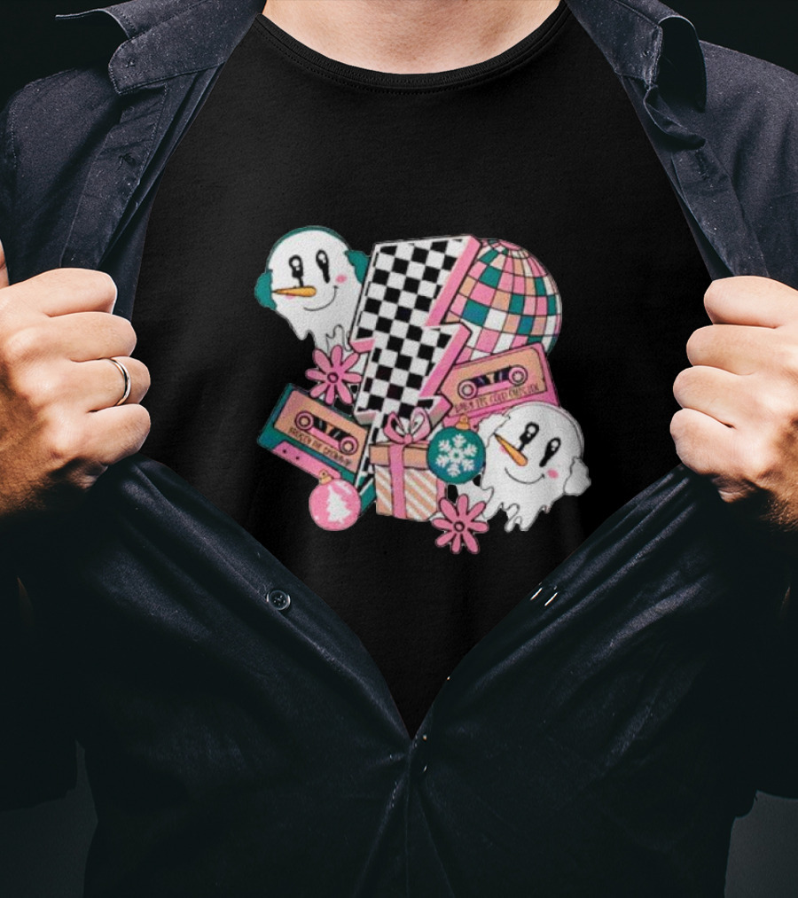 Christmas Lightning Bolt Snowman Retro Ghost Disco Cassette T-Shirt