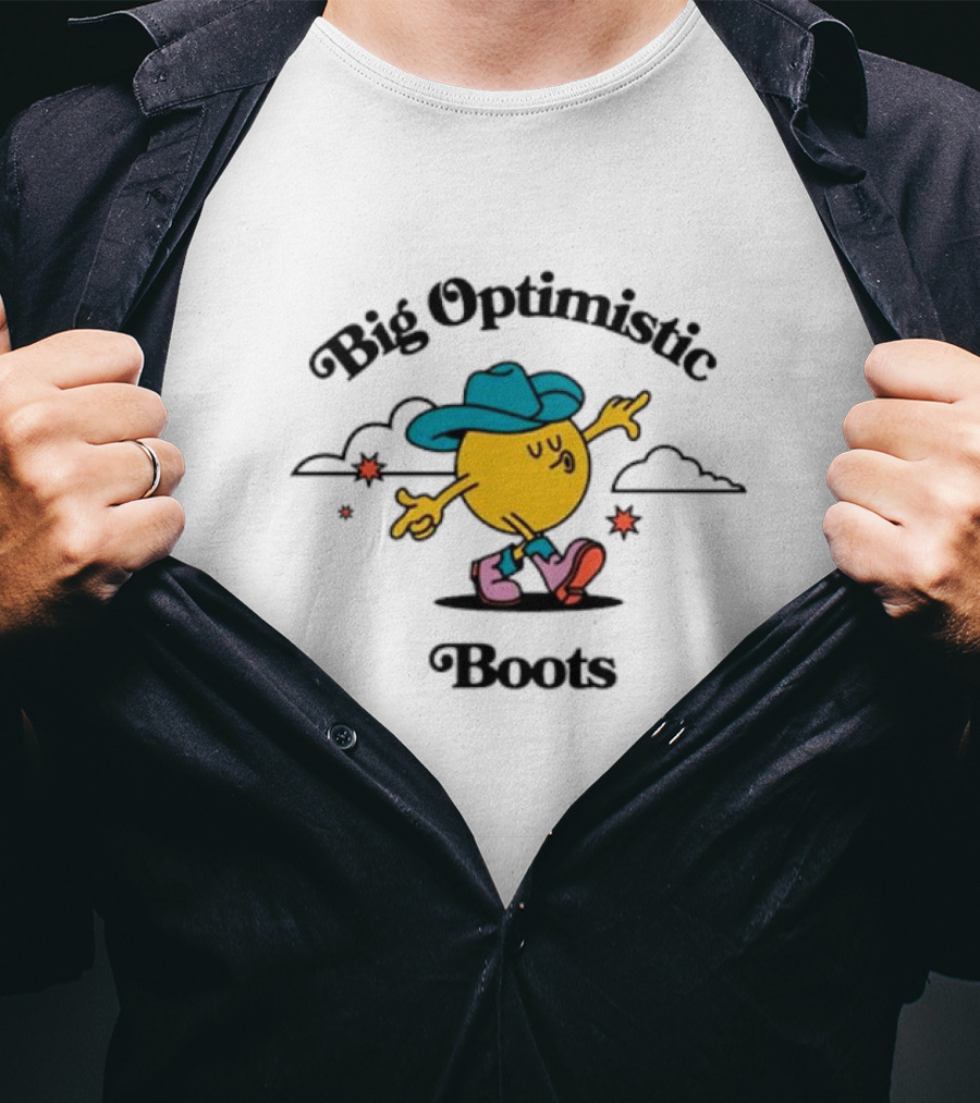 Big Optimistic Boots Cheerful Character With Blue Hat And Pink Shoes T-Shirt