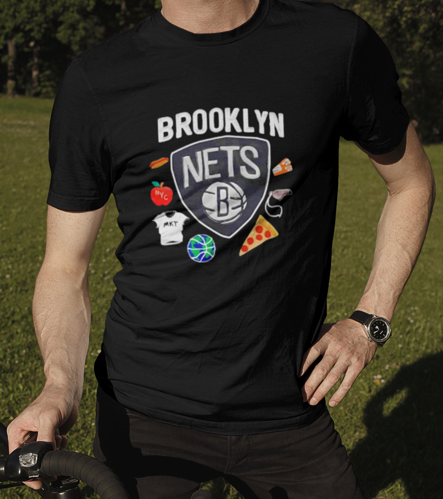 Brooklyn Nets NBA Claymation NYC Basketball Pizza Hot Dog Apple Icons T-Shirt