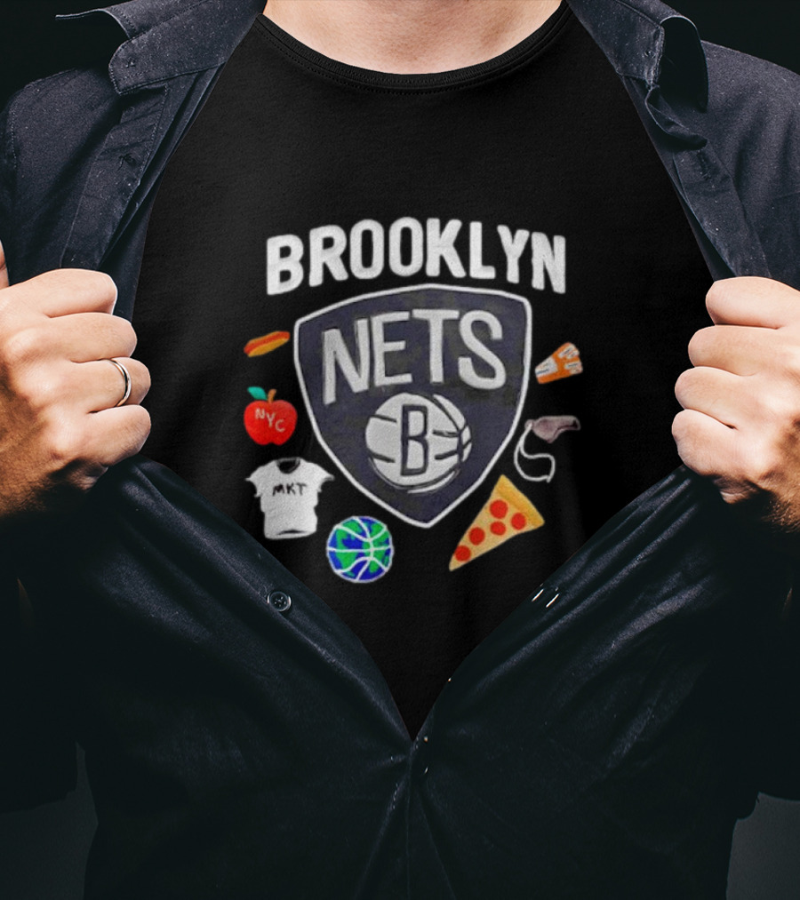 Brooklyn Nets NBA Claymation NYC Basketball Pizza Hot Dog Apple Icons T-Shirt