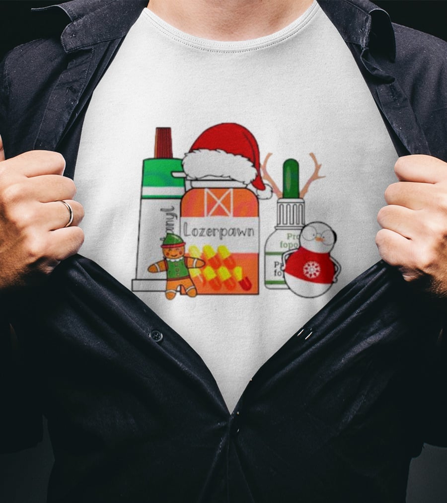 Christmas Pharmacy Technician Santa Hat Pill Bottles Gingerbread Snowman T-Shirt