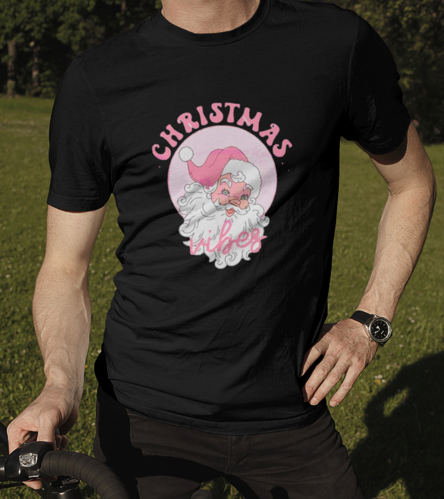 Christmas Vibes Santa Claus Pink Background T-Shirt