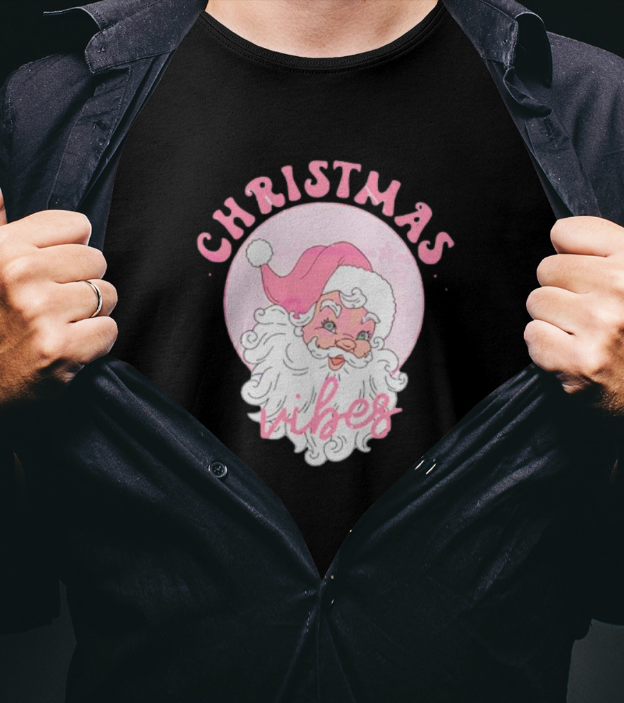 Christmas Vibes Santa Claus Pink Background T-Shirt