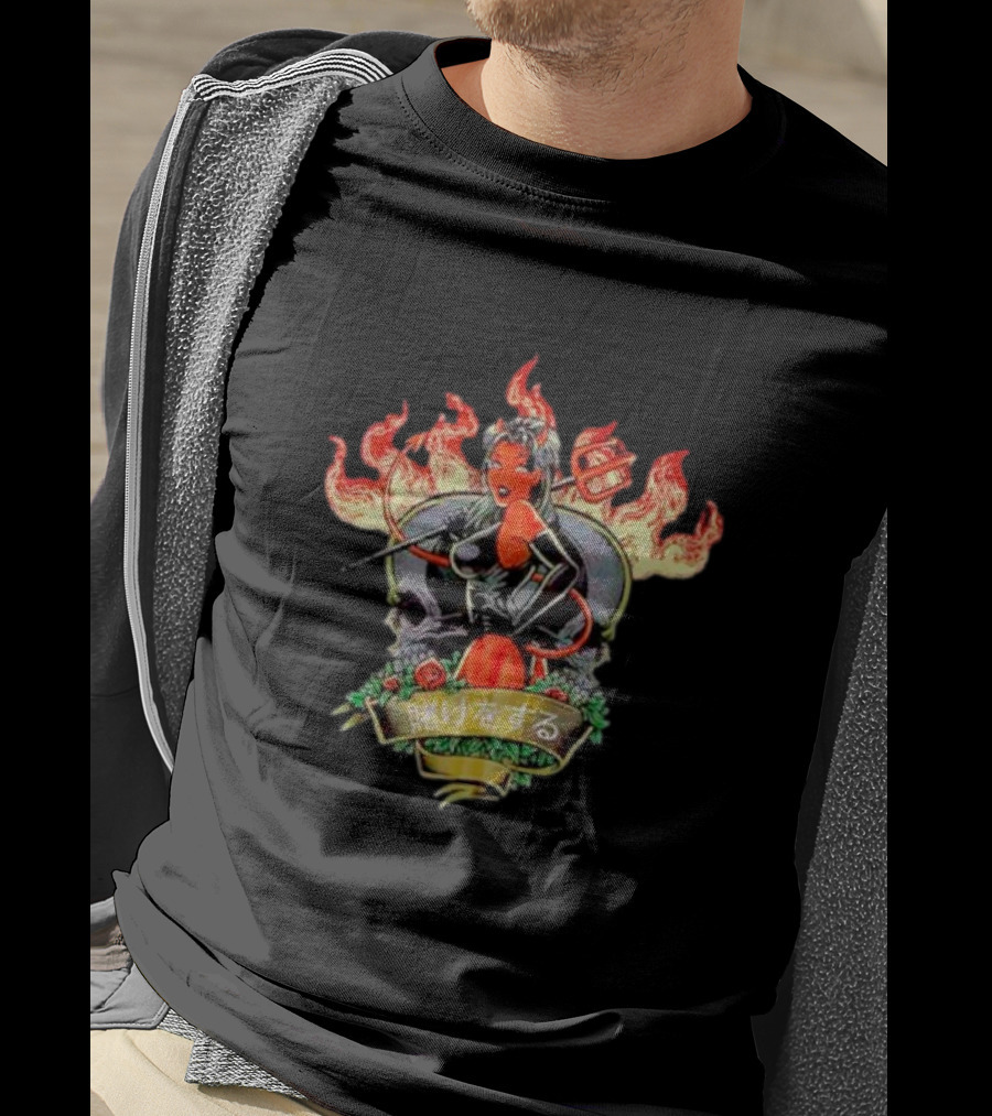 Devil Babe Racing In Flames With Japanese Text And Skull Elements T-Shirt