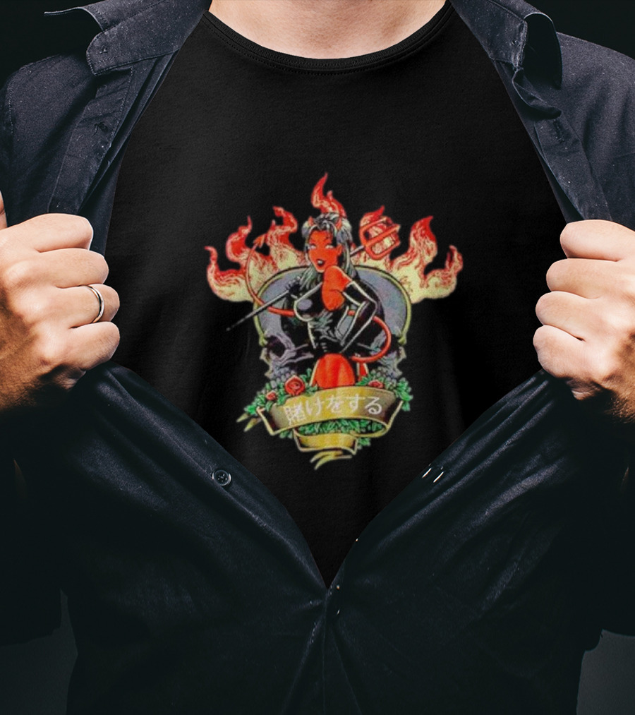 Devil Babe Racing In Flames With Japanese Text And Skull Elements T-Shirt