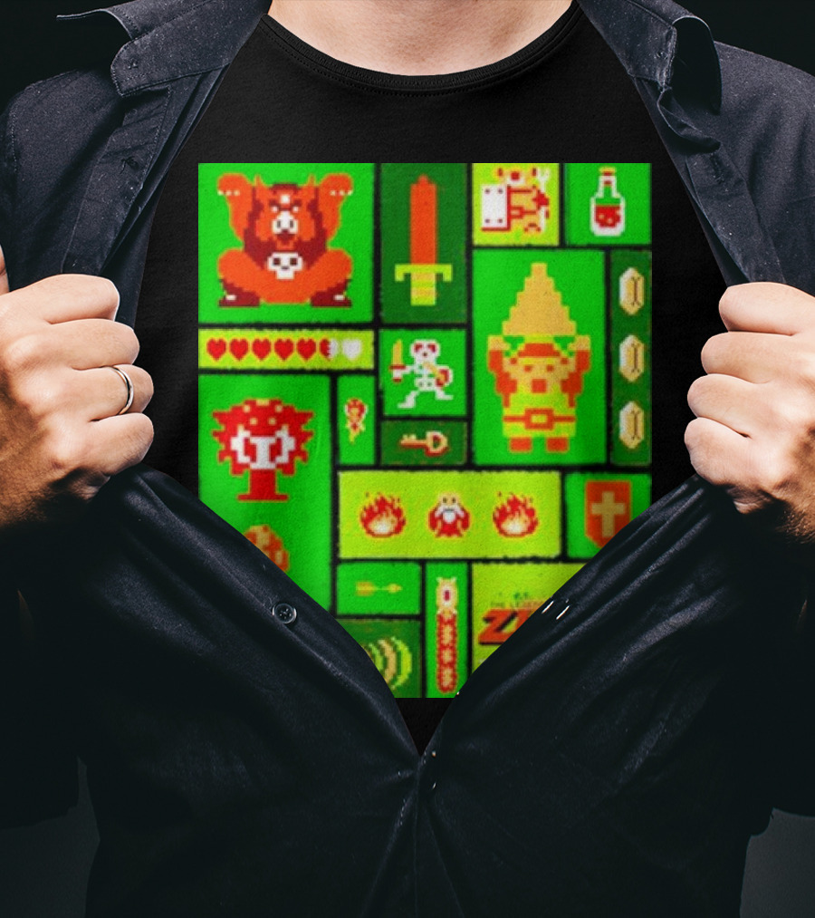 Legend Of Zelda Pixel Art Collage Retro Gaming Icons T-Shirt