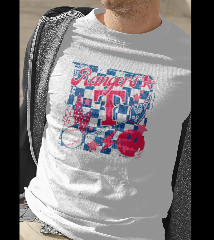 Rangers T Large Checkerboard Stars Baseball Smiley Lightning Peace T-Shirt