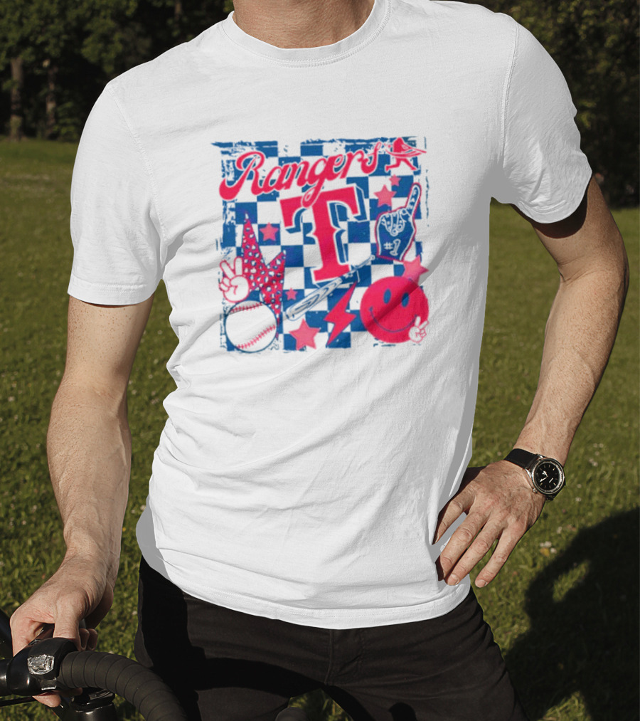 Rangers T Large Checkerboard Stars Baseball Smiley Lightning Peace T-Shirt