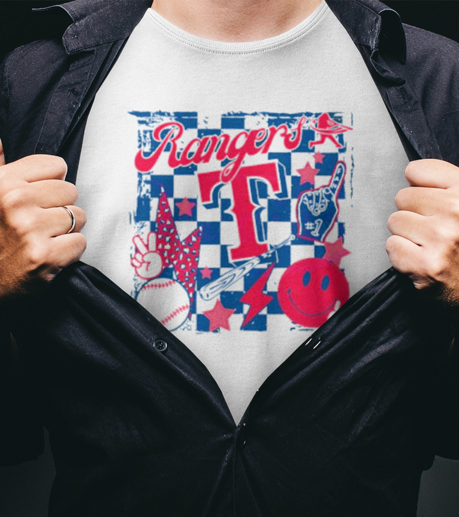 Rangers T Large Checkerboard Stars Baseball Smiley Lightning Peace T-Shirt