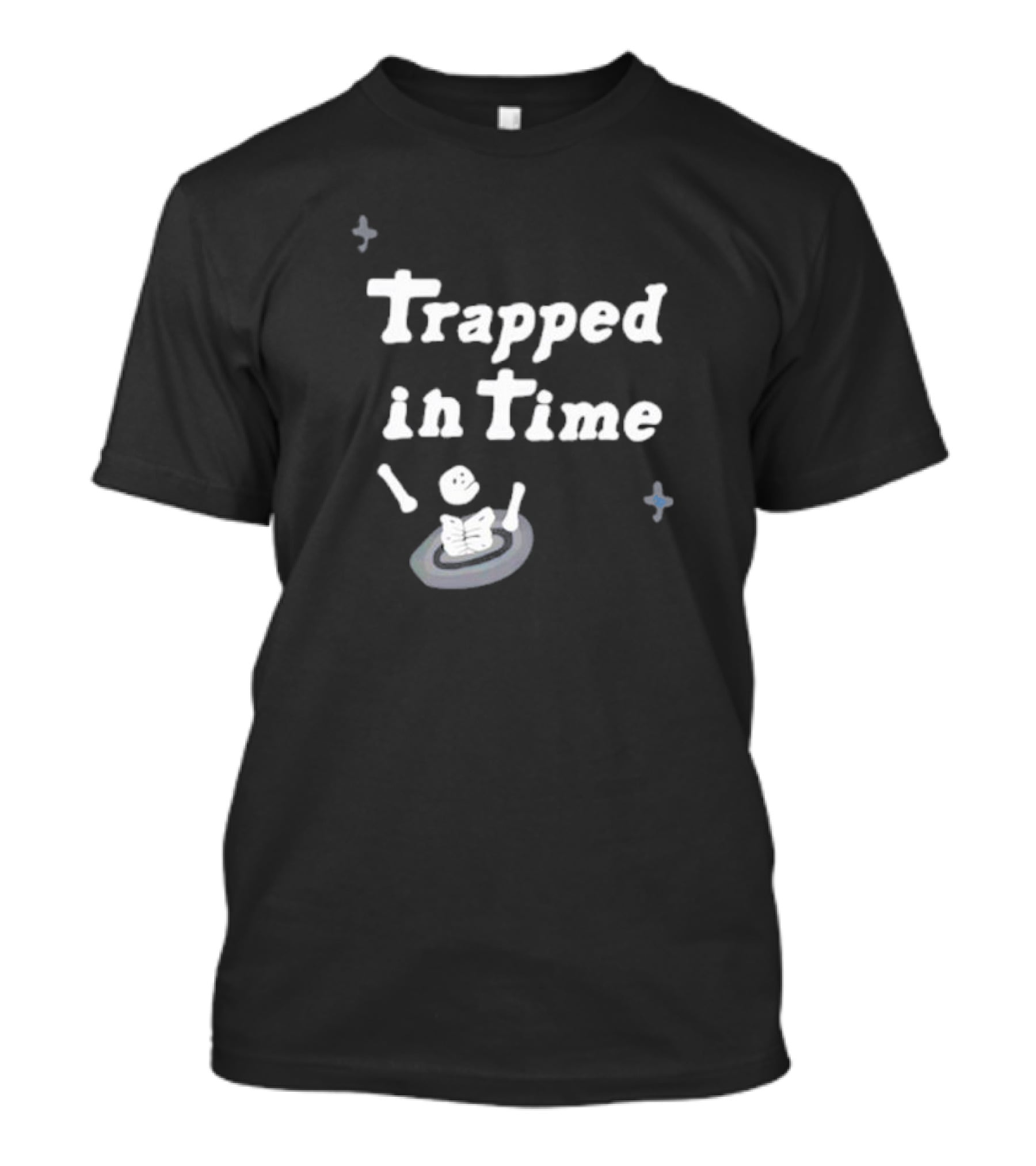Trapped In Time Skeleton Reading A Book In A Boat With Sparks T-Shirt
