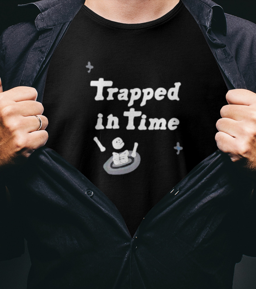 Trapped In Time Skeleton Reading A Book In A Boat With Sparks T-Shirt
