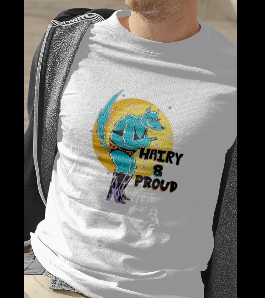 Wofl Hairy And Proud: Blue Wolf Character With Moon Background And Stars T-Shirt
