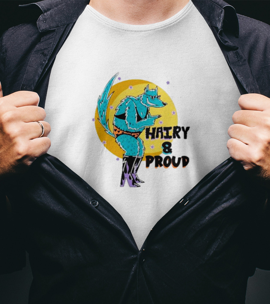 Wofl Hairy And Proud: Blue Wolf Character With Moon Background And Stars T-Shirt