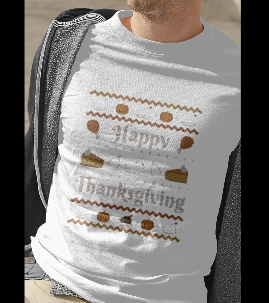 Happy Thanksgiving Pumpkin Pie Turkey Cross-Stitch T-Shirt