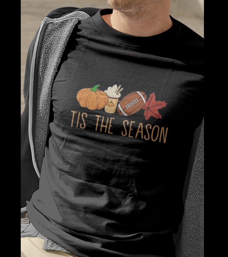 Tis The Season Pumpkin Latte Football And Fall Leaf T-Shirt