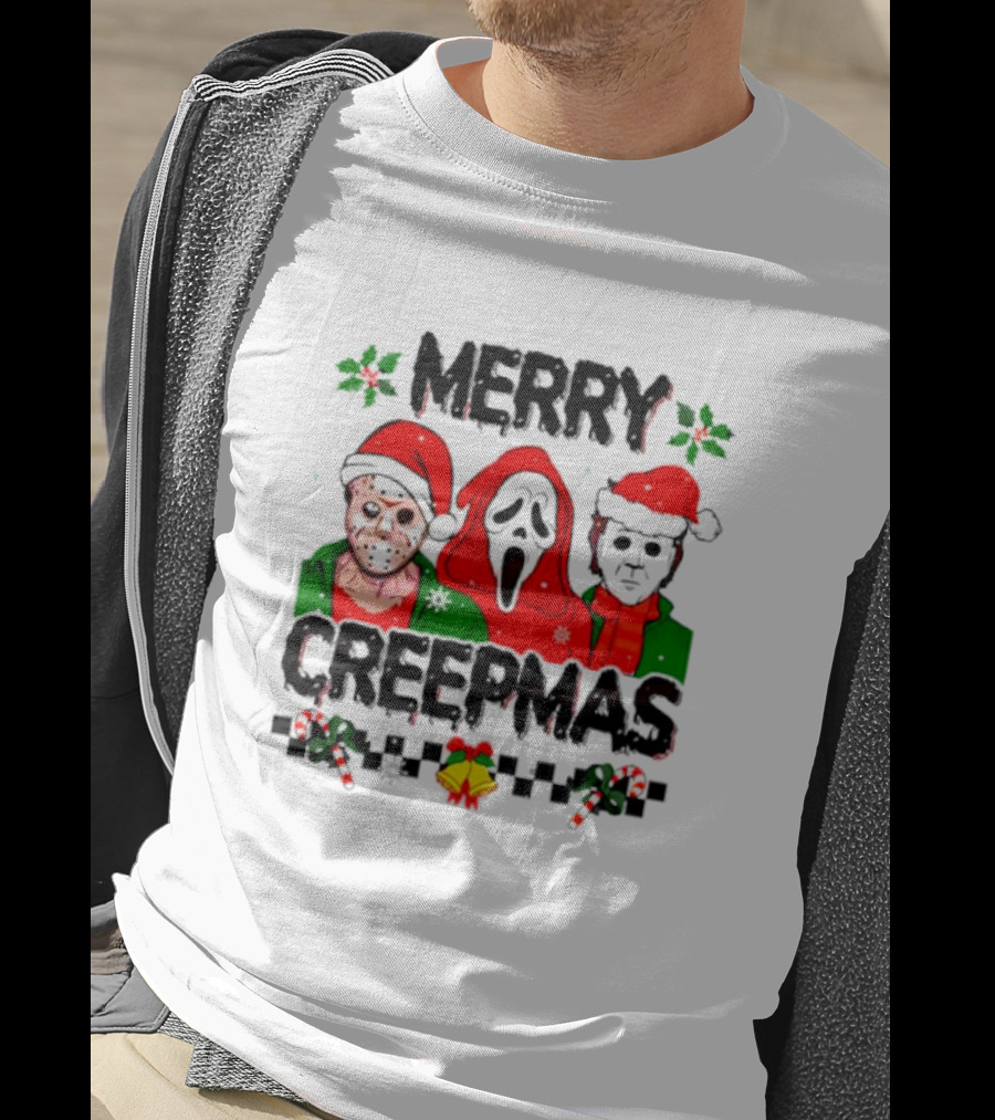 Merry Creepmas Horror Characters With Festive Scary Holiday T-Shirt