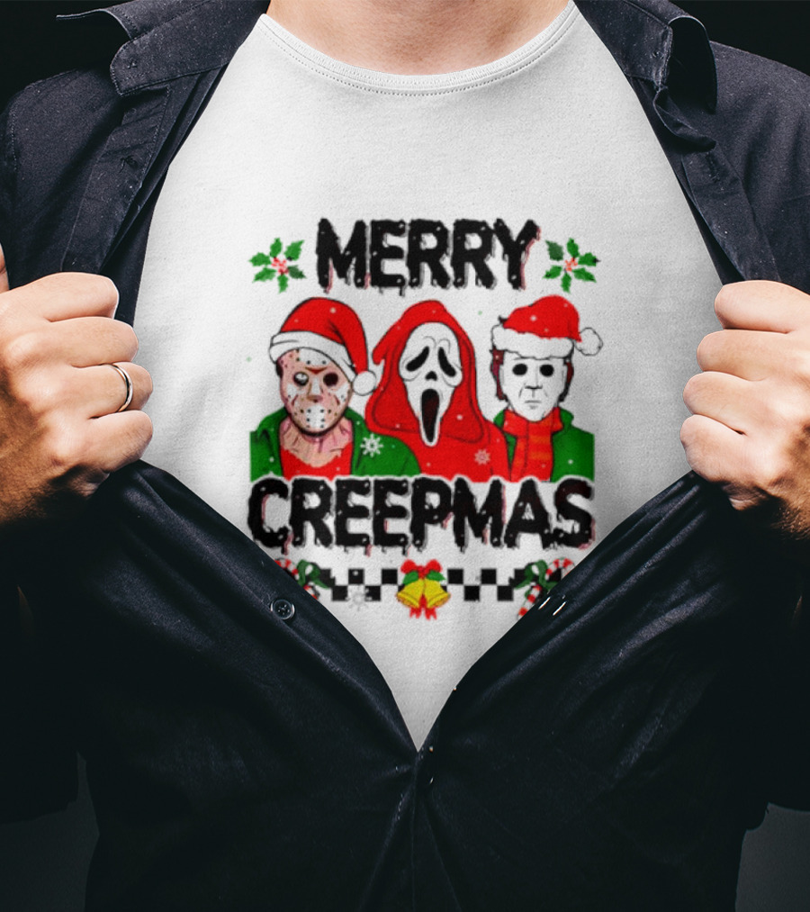 Merry Creepmas Horror Characters With Festive Scary Holiday T-Shirt