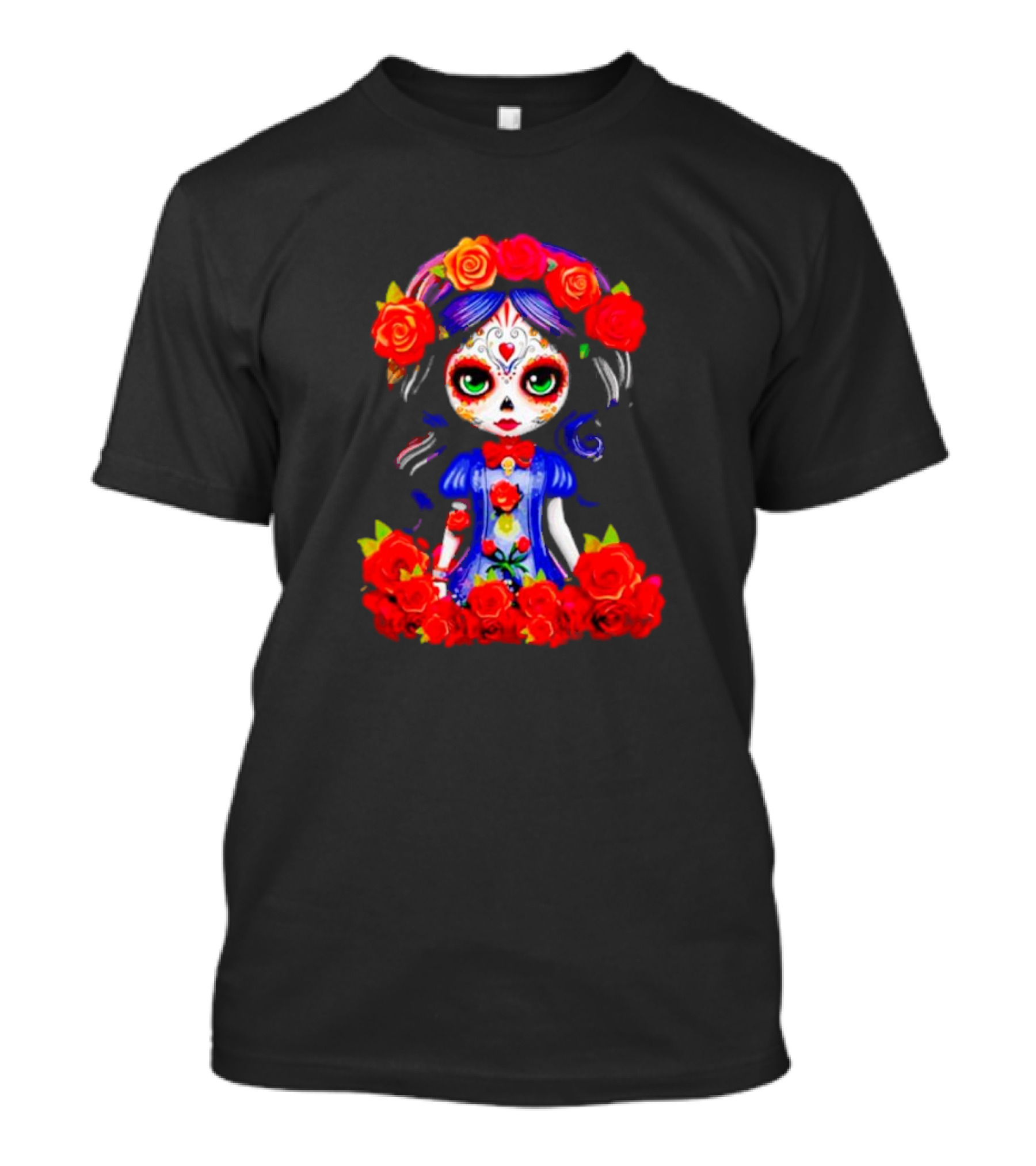Women LA Catrina Day Of The Dead Floral Rose Adorned T-Shirt