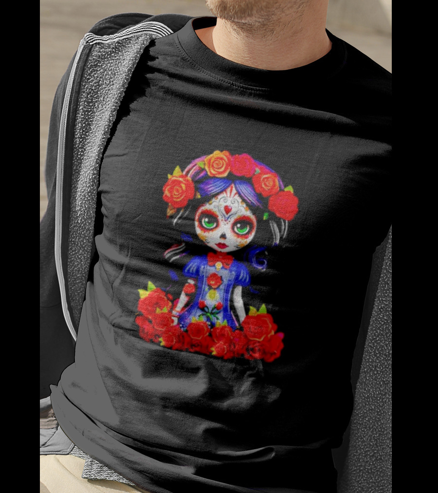 Women LA Catrina Day Of The Dead Floral Rose Adorned T-Shirt