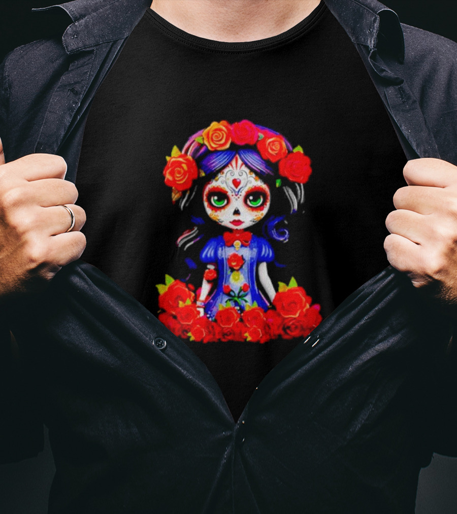 Women LA Catrina Day Of The Dead Floral Rose Adorned T-Shirt
