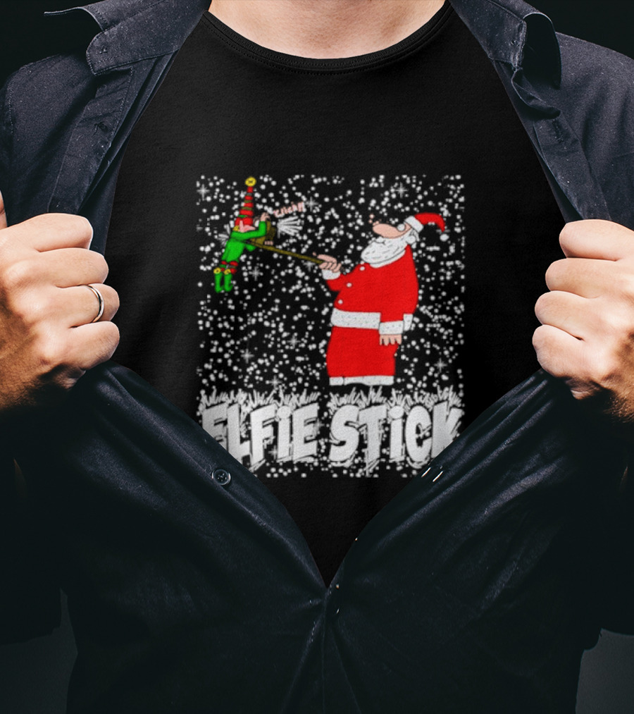 Santa Claus Elfie Stick Funny Christmas Selfie Snowflakes T-Shirt