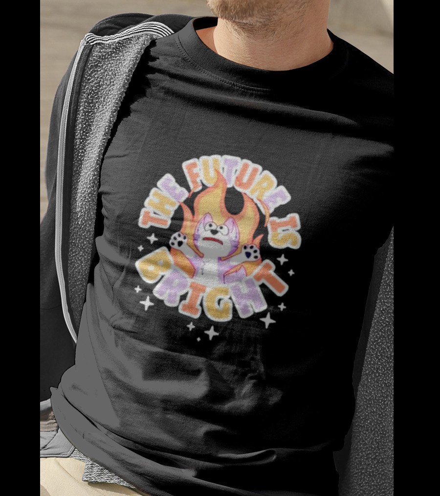 The Future Is Bright Flaming Cartoon Cat With Stars And Flames T-Shirt