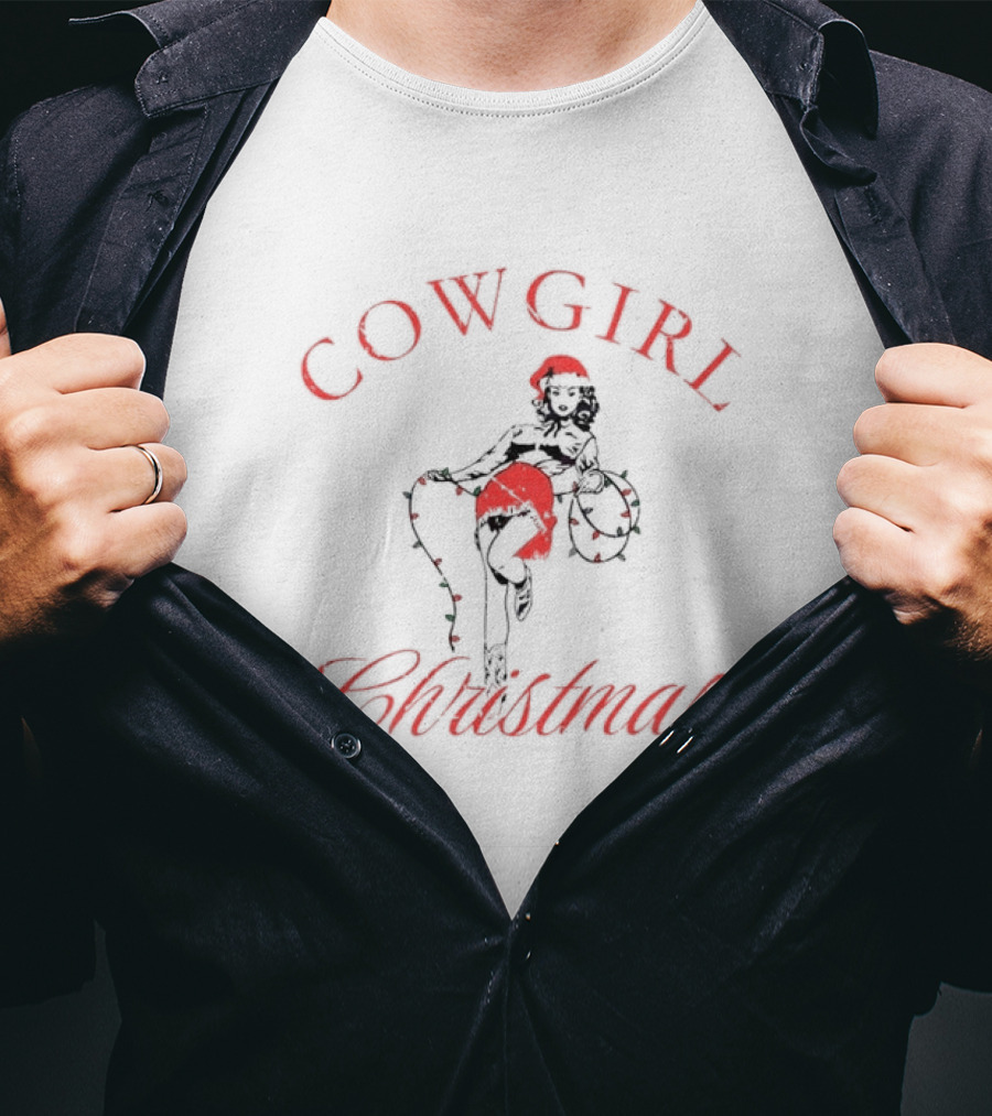 Cowgirl Christmas Santa Hat Festive Lights Retro Pin-Up T-Shirt
