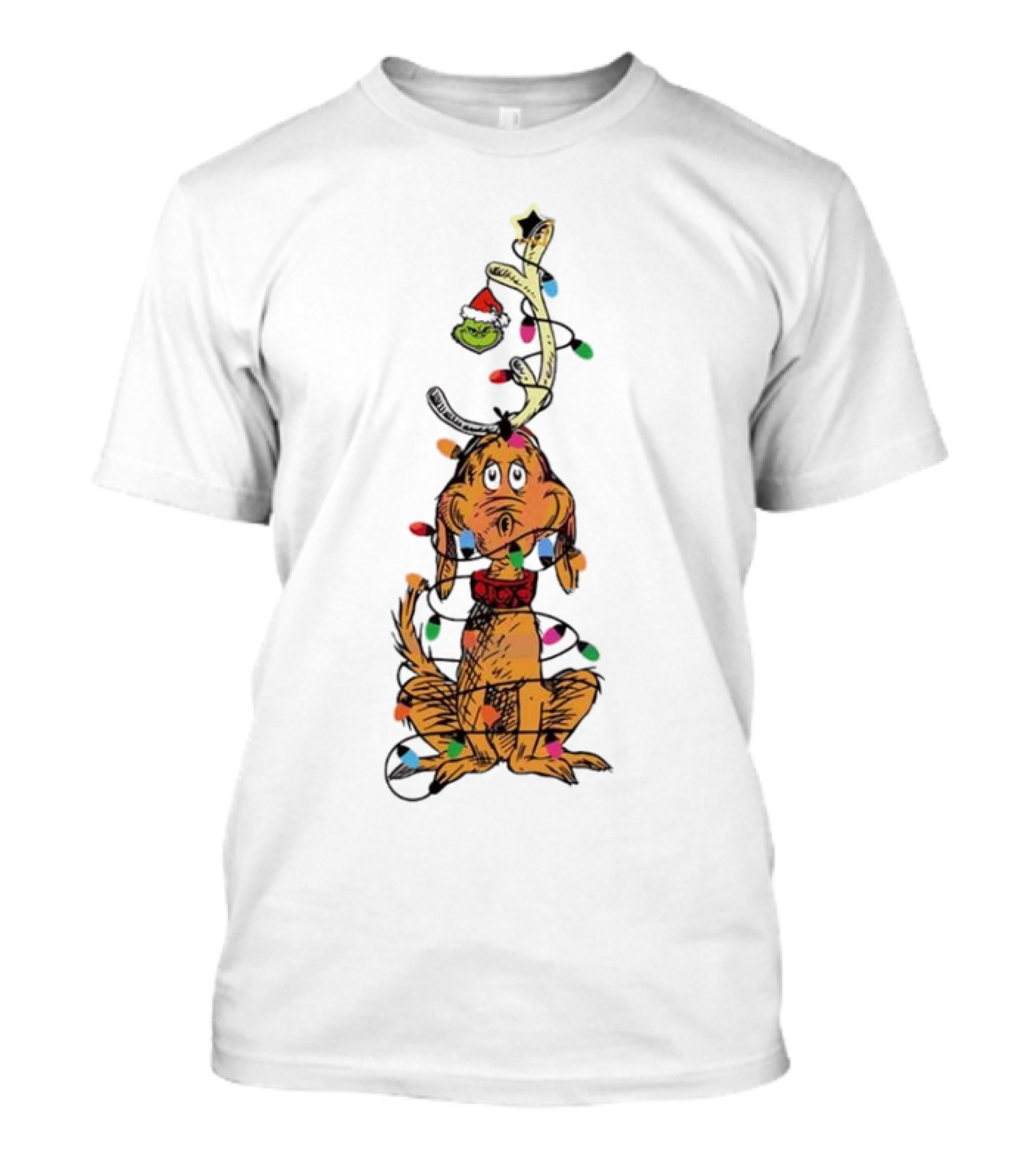 Funny Grinch Christmas Lights With Dog Wrapped In Colorful String Of Lights T-Shirt