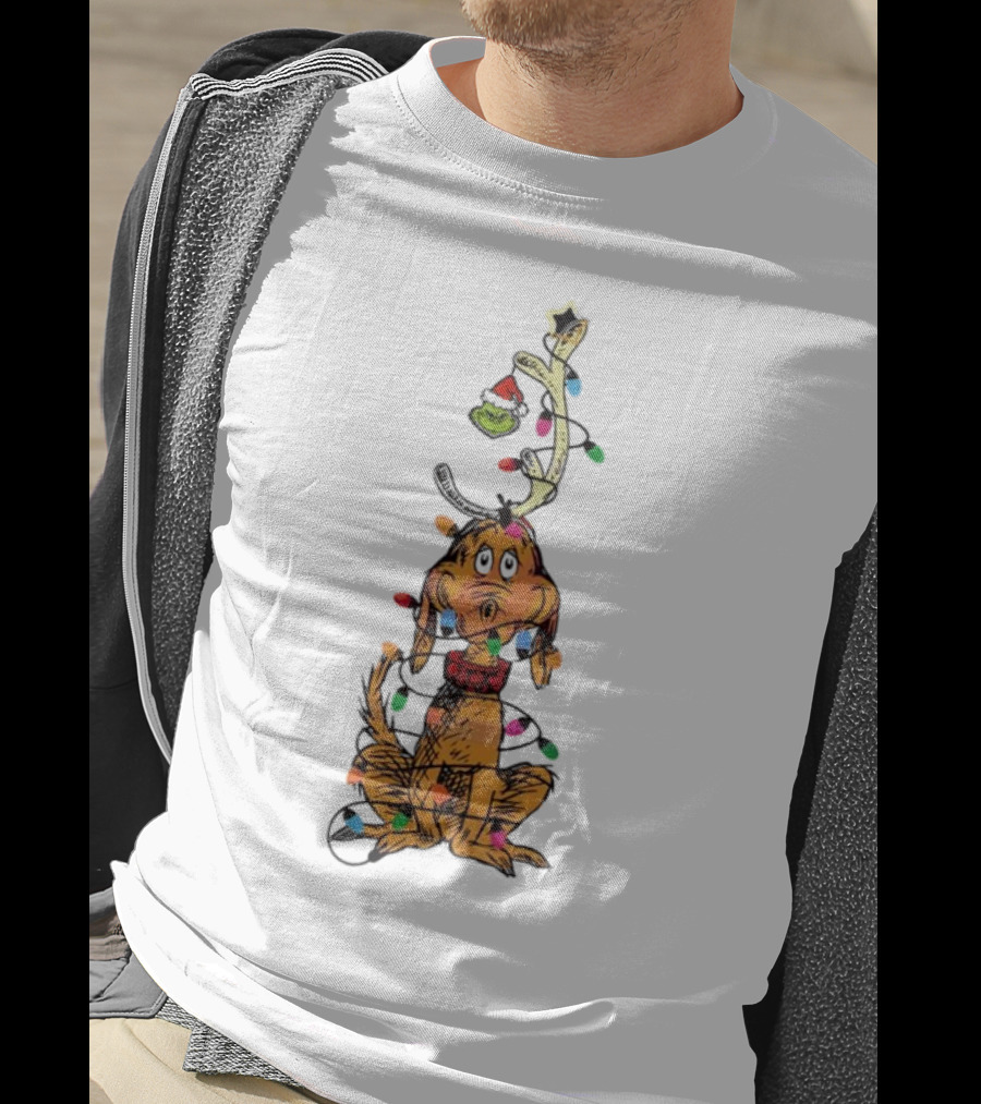 Funny Grinch Christmas Lights With Dog Wrapped In Colorful String Of Lights T-Shirt