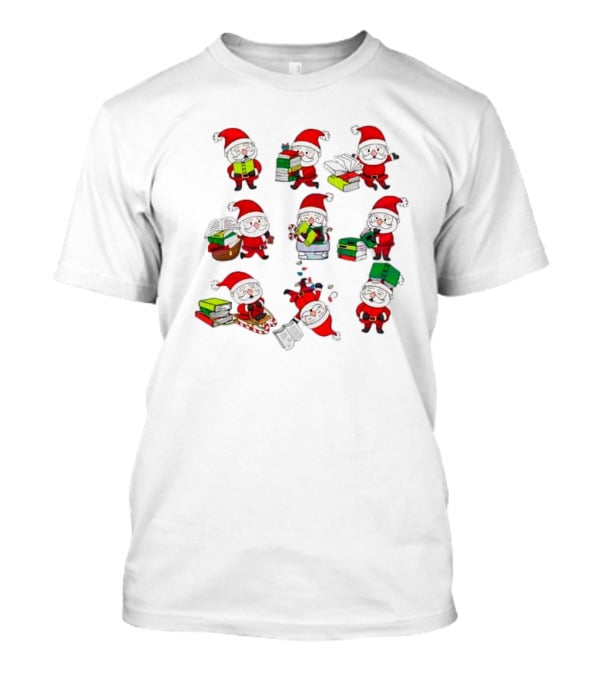 Funny Santa Claus Reading Books And Carrying Stacks In Various Poses T-Shirt